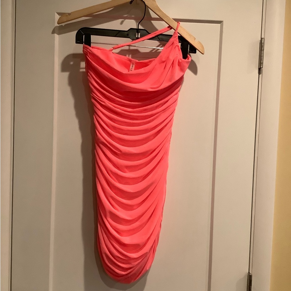 Lucy in the Sky One Shoulder Neon Pink Mesh Mini Dress